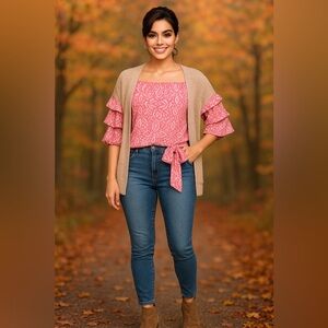 CeCe Pink Ikat Paisley Off-Shoulder Top Ruffle Sleeve S Boho Chic Summer to Fall